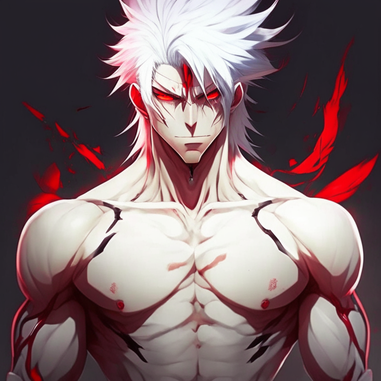 Handsome anime man red eyes white hair and tall , and strong body 