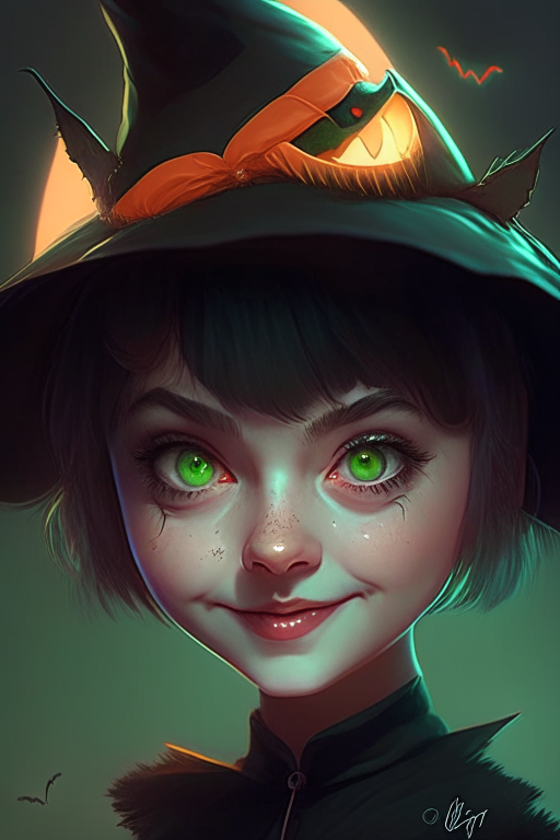 The personification of the Halloween holiday in the form of a cute girl with short hair and a villain's smile, (((cute girl)))cute hats, cute cheeks, unreal engine, highly detailed, artgerm digital illustration, woo tooth, studio ghibli, deviantart, sharp focus, artstation, by Alexei Vinogradov bakery, sweets, emerald eyes