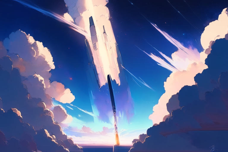 Description: Create a stunning artwork inspired by the Gemini 8 launch, set against the backdrop of Makoto Shinkai's signature sky and atmospheric aesthetics. Imagine a captivating scene where the powerful rocket takes off, piercing through the clouds and reaching towards the infinite expanse of space.