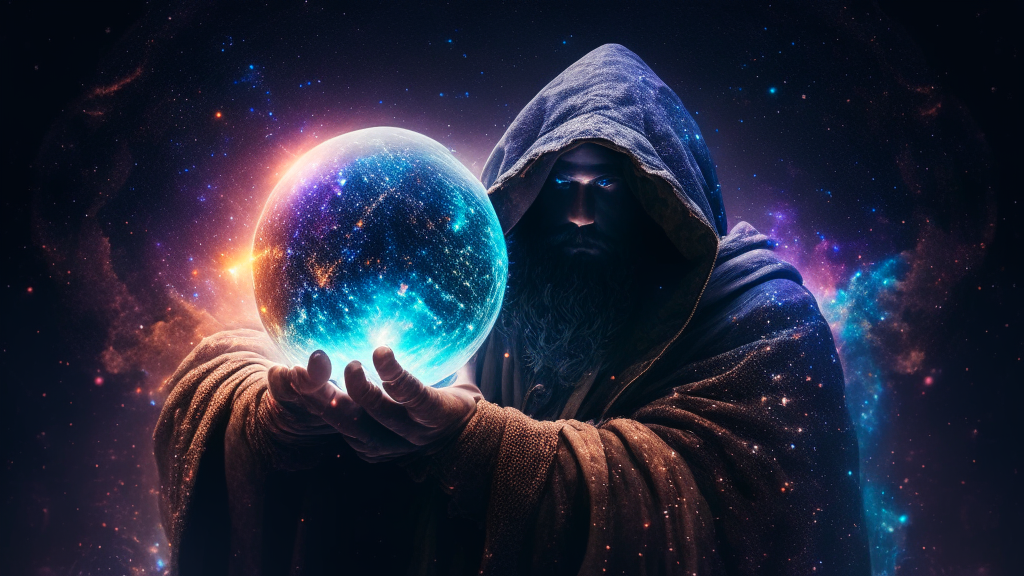 a hooded bearded man holding a planet in his hand, surrounded by cosmic star dust, galactic, maximalist, uhd, hdr, 8k