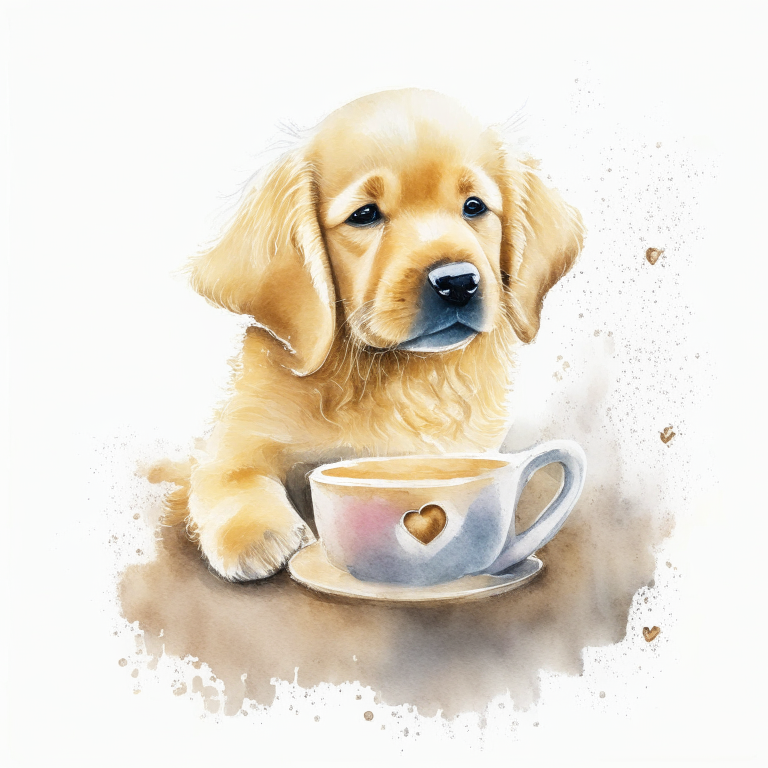 a golden retriever puppy drinking a latte with heart-shaped art, in a watercolor painting style