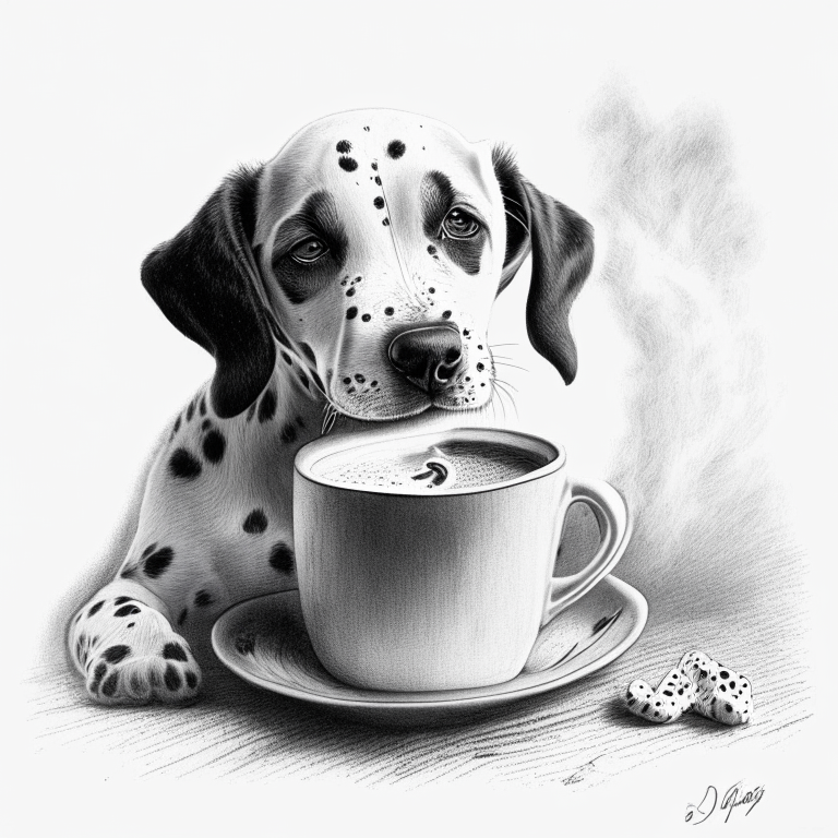 a dalmatian puppy drinking a latte with heart-shaped art, in a charcoal sketch style