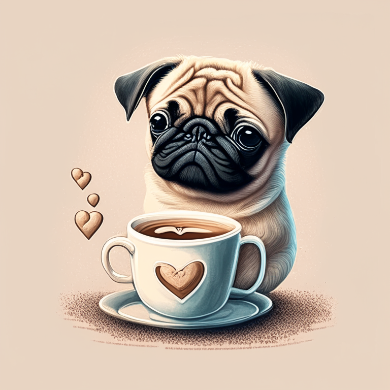 a pug puppy drinking a latte with heart-shaped art, in a digital illustration style