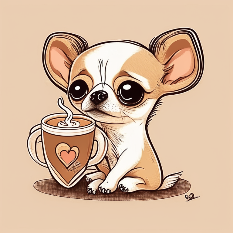 a chihuahua puppy drinking a latte with heart-shaped art, in a cartoon drawing style