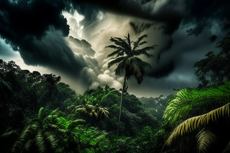 ((masterpiece)), (((best quality))), ((ultra-detailed)), (Amazing:1.1), beautiful, nature, sky and ground, heavy wind, windsweeped, line cloud,Light shoot from the cloud, in a lush remote folige jungle with jungle wildlife and fauna, award winning photo, BLN-L24, Exposure,High Contrast,Low Saturation,High Saturation 8k 3D, F 2.8 lens, Aerial View, Cinematic lighting
