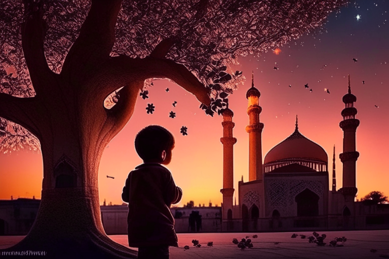 A little boy watching a beautiful sunset at Jama Masjid with a big tree, flowers, and little stars in the sky A little boy enjoying a beautiful sunset at Jama Masjid with a big tree, flowers, and little stars in the sky A little boy admiring a beautiful sunset at Jama Masjid with a big tree, flowers, and little stars in the sky