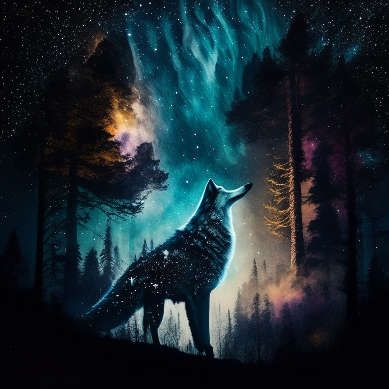 Wolf in Dark Forest with Milkway Galaxy in Sky by night. by night. by night. Add a moon