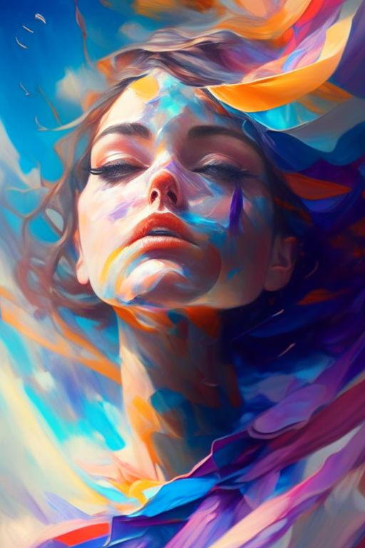 floating female figure made of ribbons, smoke, in the sky, colorful and vibrant, mystical colors, contemporary impressionism, portrait painting, 3/4 perspective view, cute face, low angle, sweeping circling composition, large beautiful crystal eyes, big irises, UHD, HDR, 8K, (Masterpiece:1. 5), (the most beautiful portrait in the world:1.5)