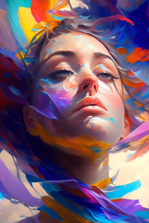 floating female figure made of ribbons, smoke, in the sky, colorful and vibrant, mystical colors, contemporary impressionism, portrait painting, 3/4 perspective view, cute face, low angle, sweeping circling composition, large beautiful crystal eyes, big irises, UHD, HDR, 8K, (Masterpiece:1. 5), (the most beautiful portrait in the world:1.5)