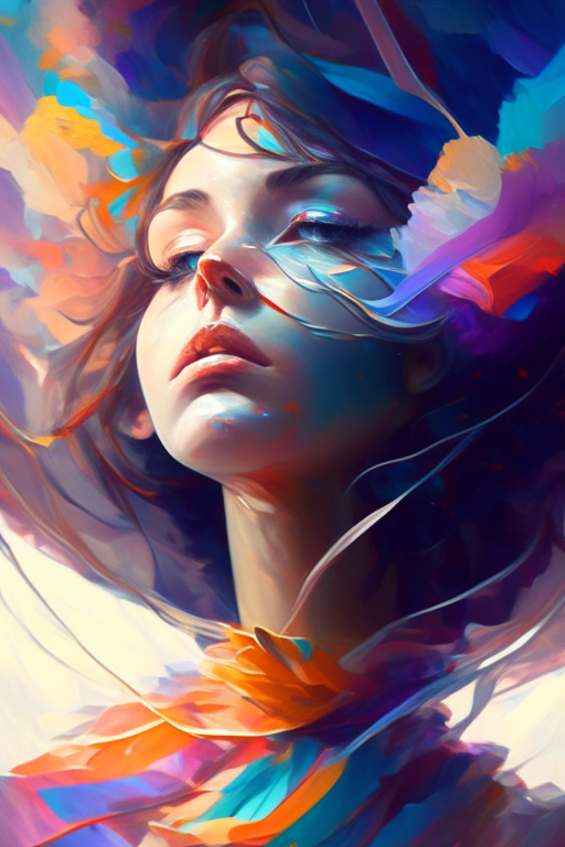 floating female figure made of ribbons, smoke, in the sky, colorful and vibrant, mystical colors, contemporary impressionism, portrait painting, 3/4 perspective view, cute face, low angle, sweeping circling composition, large beautiful crystal eyes, big irises, UHD, HDR, 8K, (Masterpiece:1. 5), (the most beautiful portrait in the world:1.5)