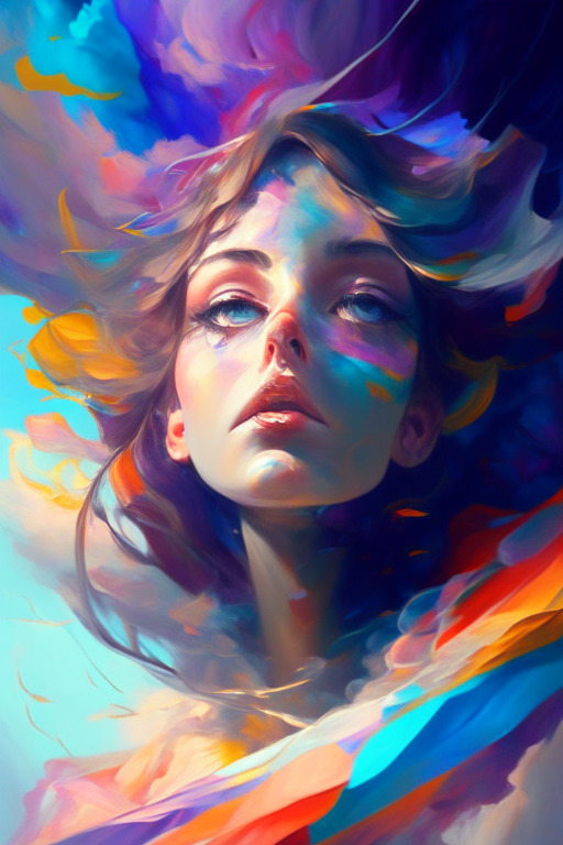 floating female figure made of ribbons, smoke, in the sky, colorful and vibrant, mystical colors, contemporary impressionism, portrait painting, 3/4 perspective view, cute face, low angle, sweeping circling composition, large beautiful crystal eyes, big irises, UHD, HDR, 8K, (Masterpiece:1. 5), (the most beautiful portrait in the world:1.5), kate