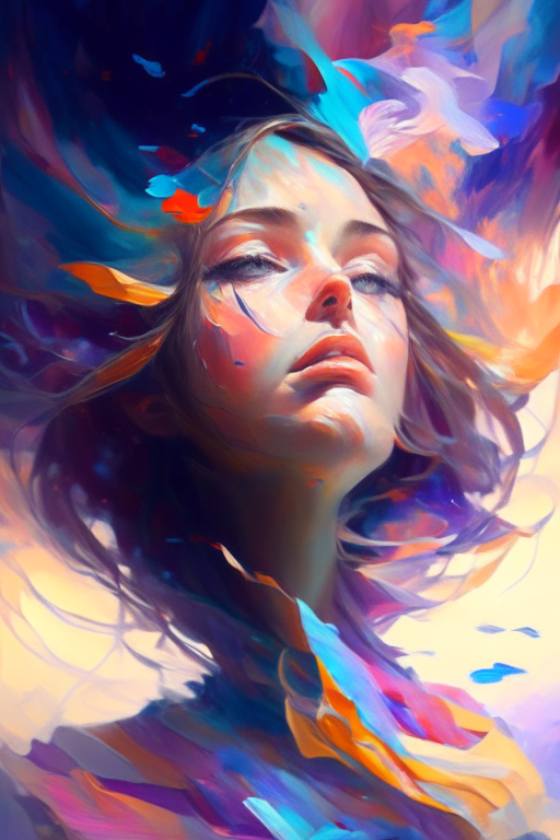 floating female figure made of ribbons, smoke, in the sky, colorful and vibrant, mystical colors, contemporary impressionism, portrait painting, 3/4 perspective view, cute face, low angle, sweeping circling composition, large beautiful crystal eyes, big irises, UHD, HDR, 8K, (Masterpiece:1. 5), (the most beautiful portrait in the world:1.5), kate beckinsale