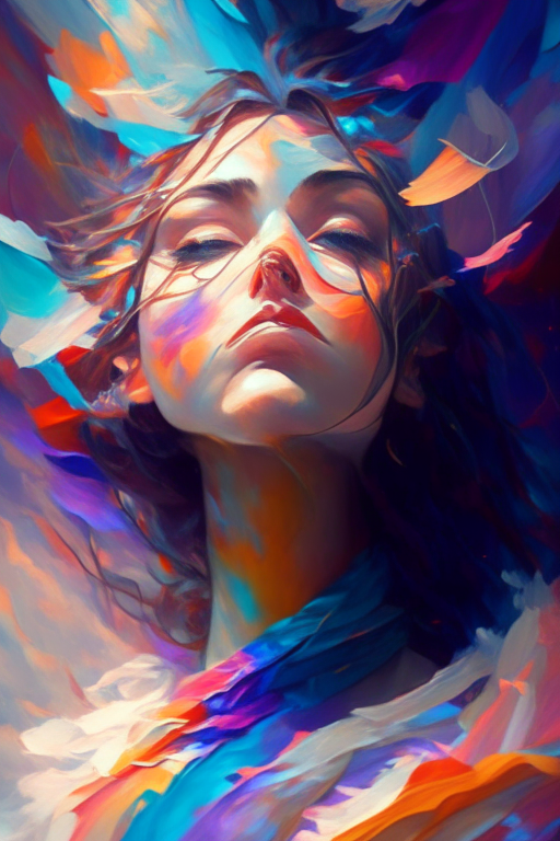 floating female figure made of ribbons, smoke, in the sky, colorful and vibrant, mystical colors, contemporary impressionism, portrait painting, 3/4 perspective view, cute face, low angle, sweeping circling composition, large beautiful crystal eyes, big irises, UHD, HDR, 8K, (Masterpiece:1. 5), (the most beautiful portrait in the world:1.5), kate beckinsale