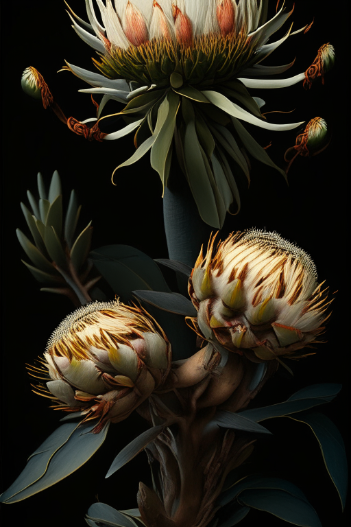 detailed king proteas and pincushions against a black backdrop by thomas cole, artstation