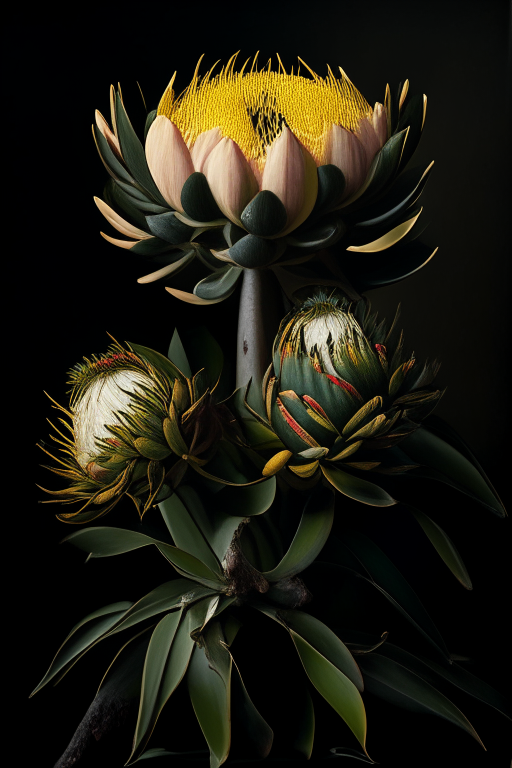 detailed king proteas and pincushions against a black backdrop by thomas cole, artstation