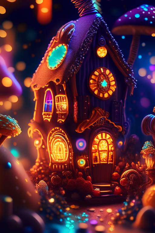 gingerbread candy village, steampunk, cinematic scene, art deco, studio lighting, robot, colorful, inspectorcore, fantasy, fairytale, intricate, forest, fireflies, flowers, halloween, christmas, hansel and gretel, background blur, bokeh, medium shot, visually stunning, matte painting, concept art, trending on artstation, artgerm, cgsociety