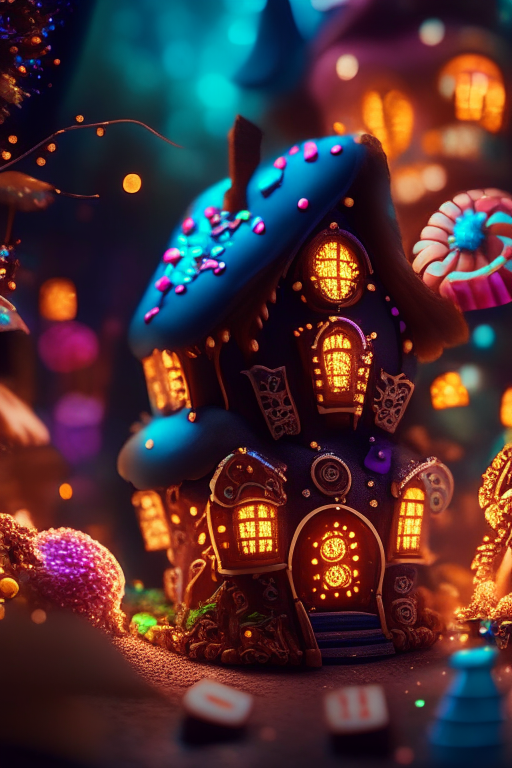 gingerbread candy village, steampunk, cinematic scene, art deco, studio lighting, robot, colorful, inspectorcore, fantasy, fairytale, intricate, forest, fireflies, flowers, halloween, christmas, hansel and gretel, background blur, bokeh, medium shot, visually stunning, matte painting, concept art, trending on artstation, artgerm, cgsociety