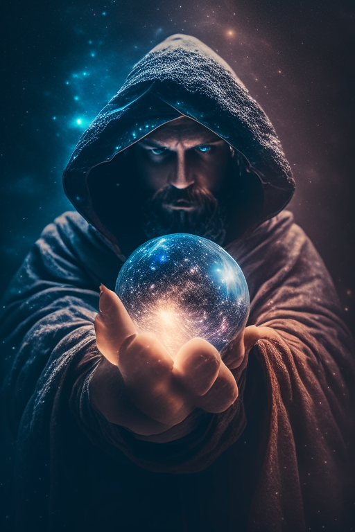 hooded bearded man holding a planet in his hand, cosmic star dust, galactic, uhd, hdr, 8k, maximalist