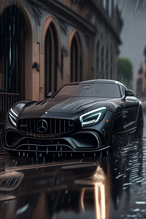 A realistic illustration of a Black Mercedes Benz AMG GTR in Berlin, Germany. Noon time and Rainy weather. Ultra detailed, 8K, HDR, Octane Render