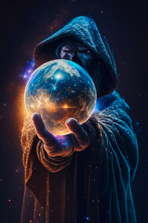 hooded bearded man holding a planet in his hand, cosmic star dust, galactic, uhd, hdr, 8k, maximalist