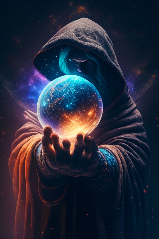 hooded bearded man holding a planet in his hand, cosmic star dust, galactic, uhd, hdr, 8k, maximalist