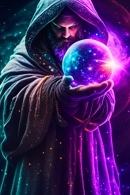 hooded bearded man holding a planet in his hand, cosmic star dust, galactic, uhd, hdr, 8k, maximalist