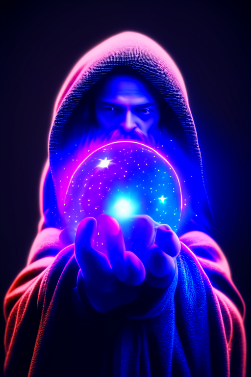 hooded bearded man holding a planet in his hand, cosmic star dust, galactic, uhd, hdr, 8k, maximalist