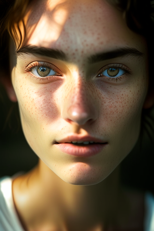 detailed and realistic portrait of a woman with a few freckles, round eyes and short messy hair shot outside, wearing a white t shirt, staring at camera, chapped lips, soft natural lighting, portrait photography, magical photography, dramatic lighting, photo realism, ultra-detailed, intimate portrait composition, Leica 50mm, f1. 4