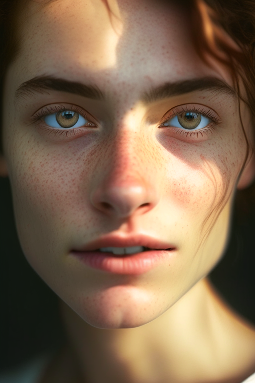 detailed and realistic portrait of a woman with a few freckles, round eyes and short messy hair shot outside, wearing a white t shirt, staring at camera, chapped lips, soft natural lighting, portrait photography, magical photography, dramatic lighting, photo realism, ultra-detailed, intimate portrait composition, Leica 50mm, f1. 4