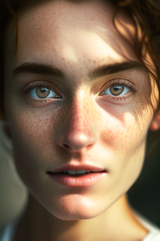 detailed and realistic portrait of a woman with a few freckles, round eyes and short messy hair shot outside, wearing a white t shirt, staring at camera, chapped lips, soft natural lighting, portrait photography, magical photography, dramatic lighting, photo realism, ultra-detailed, intimate portrait composition, Leica 50mm, f1. 4