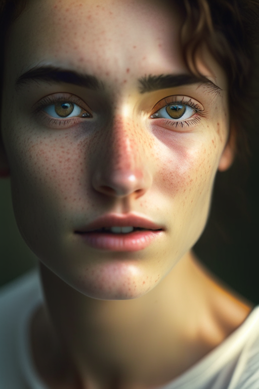 detailed and realistic portrait of a woman with a few freckles, round eyes and short messy hair shot outside, wearing a white t shirt, staring at camera, chapped lips, soft natural lighting, portrait photography, magical photography, dramatic lighting, photo realism, ultra-detailed, intimate portrait composition, Leica 50mm, f1. 4