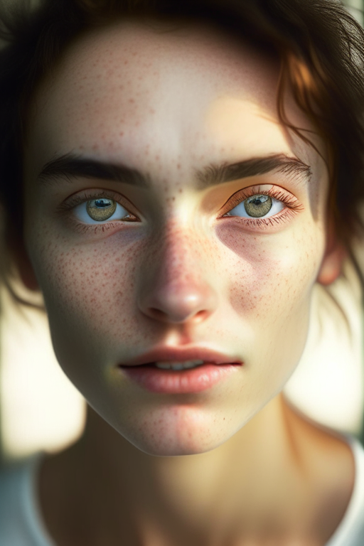 detailed and realistic portrait of a woman with a few freckles, round eyes and short messy hair shot outside, wearing a white t shirt, staring at camera, chapped lips, soft natural lighting, portrait photography, magical photography, dramatic lighting, photo realism, ultra-detailed, intimate portrait composition, Leica 35mm, f1. 4