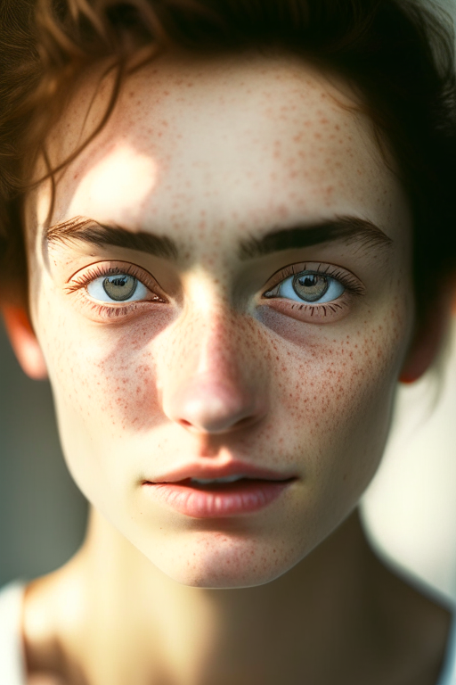 detailed and realistic portrait of a woman with a few freckles, round eyes and short messy hair shot outside, wearing a white t shirt, staring at camera, chapped lips, soft natural lighting, portrait photography, magical photography, dramatic lighting, photo realism, ultra-detailed, intimate portrait composition, Leica 16mm, f1. 4