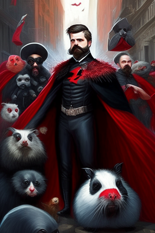 Supervillain, Chad Wyatt, Master of Guinea Pigs, man in a tuxedo, black and red opera cape, handlebar moustache, pointy beard, ((commanding a Horde of guinea pigs on the street in foreground)), (hyperdetailed:1.2), (hyperrealistic:1.3), (masterpiece:1.5), (best quality:1.4), bright colors, daylight, ruined city streets background, 8k cg wallpaper, trending on cg society