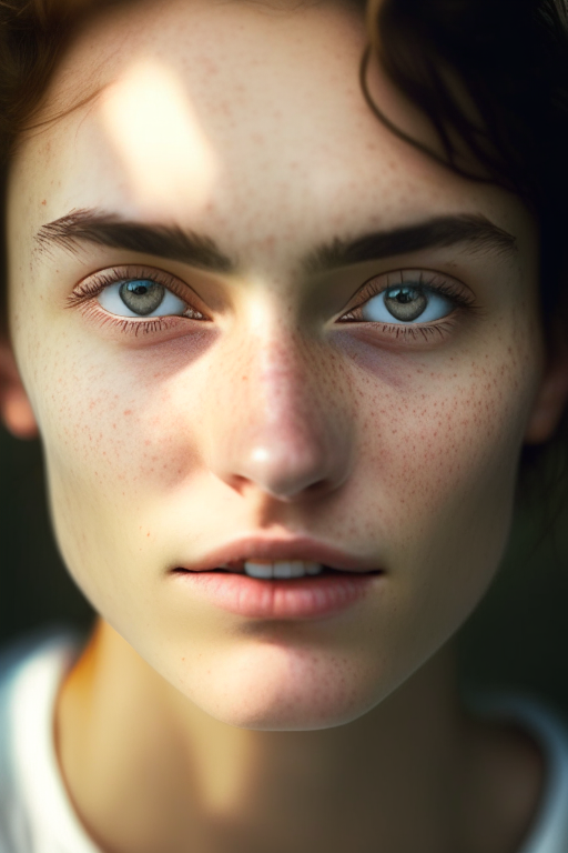 Detailed and realistic portrait of a woman with a few freckles, round eyes and short messy hair shot outside, wearing a white t shirt, staring at camera, chapped lips, soft natural lighting, portrait photography, magical photography, dramatic lighting, photo realism, ultra-detailed, intimate portrait composition, Leica 50mm, f1. 4. Remove distracting background.