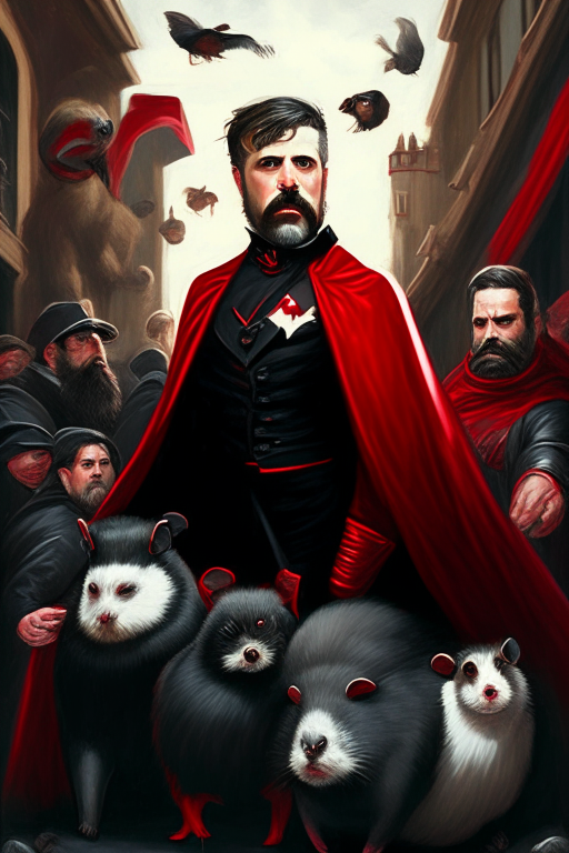 Supervillain, Chad Wyatt, Master of Guinea Pigs, man in a tuxedo, black and red opera cape, handlebar moustache, pointy beard, ((commanding a Horde of guinea pigs on the street in foreground)), (hyperdetailed:1.2), (hyperrealistic:1.3), (masterpiece:1.5), (best quality:1.4), bright colors, daylight, ruined city streets background, 8k cg wallpaper, trending on cg society