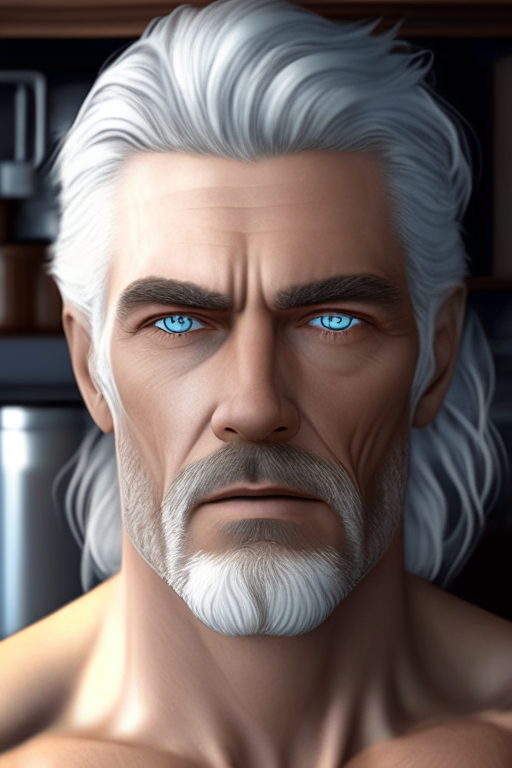 realistic, (best quality, masterpiece:1.3), finely detailed eyes and detailed face, coffee machine, kitchen, solo mature female, tall muscular guy, silver hair, blue eyes, silver facial hair,