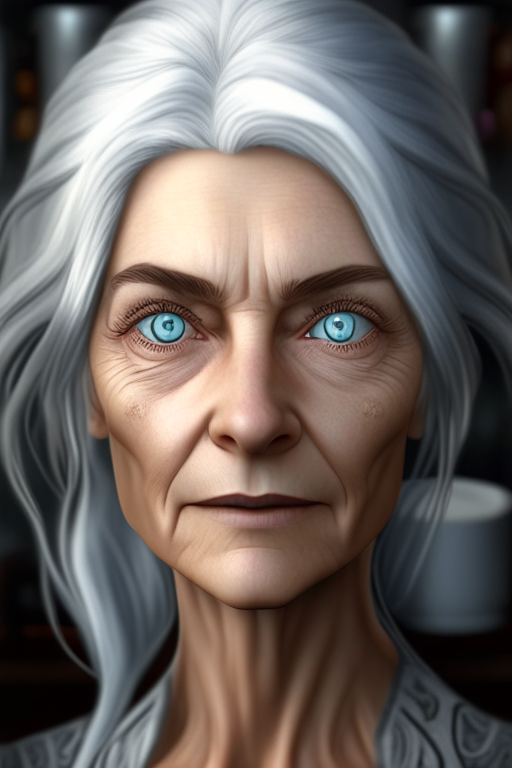 realistic, (best quality, masterpiece:1.3), finely detailed eyes and detailed face, coffee machine, kitchen, solo mature female, silver hair, blue eyes, silver facial hair,