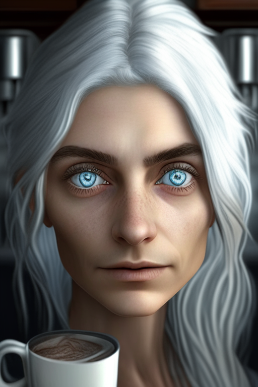 realistic, (best quality, masterpiece:1.3), finely detailed eyes and detailed face, coffee machine, kitchen, solo female, silver hair, blue eyes, silver facial hair,