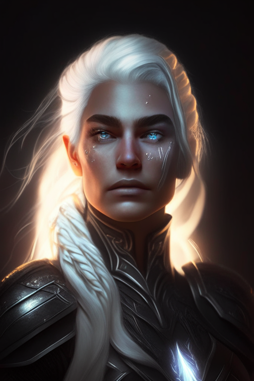portrait of paladin lady in black armor, muscular, white hair, braid, glowing halo, night, volumetric lighting, best quality, masterpiece, realistic