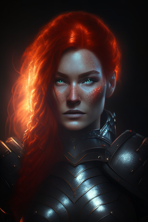 portrait of paladin lady in black armor, muscular, red hair, braid, glowing halo, night, volumetric lighting, best quality, masterpiece, realistic, photo