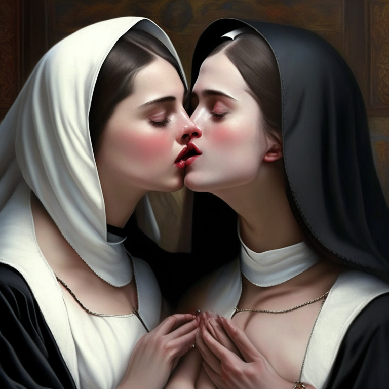 beutiful georgeous teen nun feeling pleasure and extasis showing her perfect chest kissing to another caucasic georgeous nun Hard details