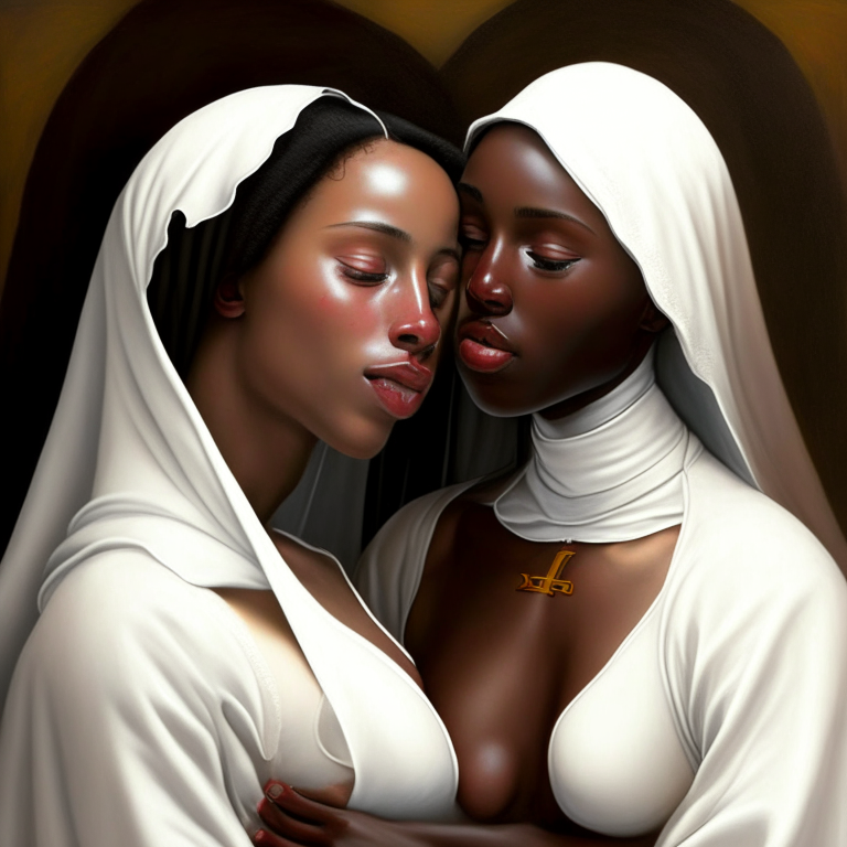 beutiful georgeous teen brown skin nun feeling pleasure and extasis showing her perfect chest kissing to another white skin georgeous nun Hard details