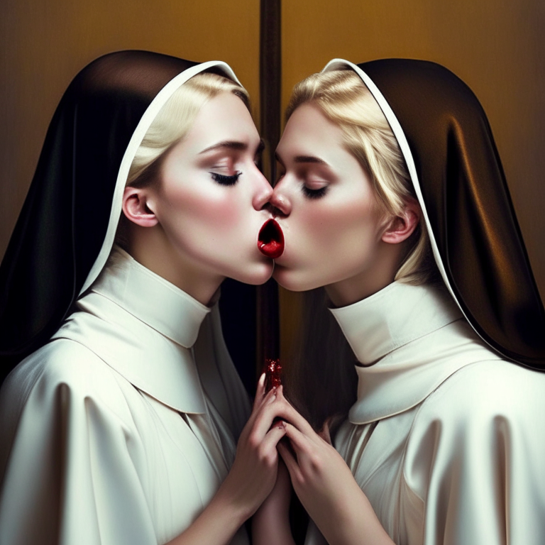 Two georgeous beauty teens nuns kissing themselves with passion. One of them is a brown skinny amazing beauty an the other nun is a blonde stunning teen