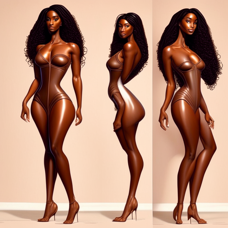 A beautiful georgeous brown skin goddess with perfect body, showin her body under a tight dress with her legs separated. Work on clean and hard details of model anatomy