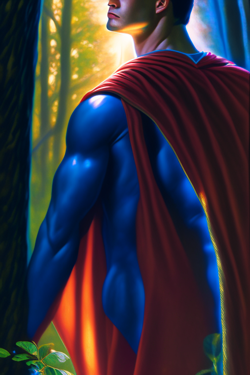 superman. forest ray light, highly detailed, 35mm film roll photo, digital oil painting, hiat. hiat