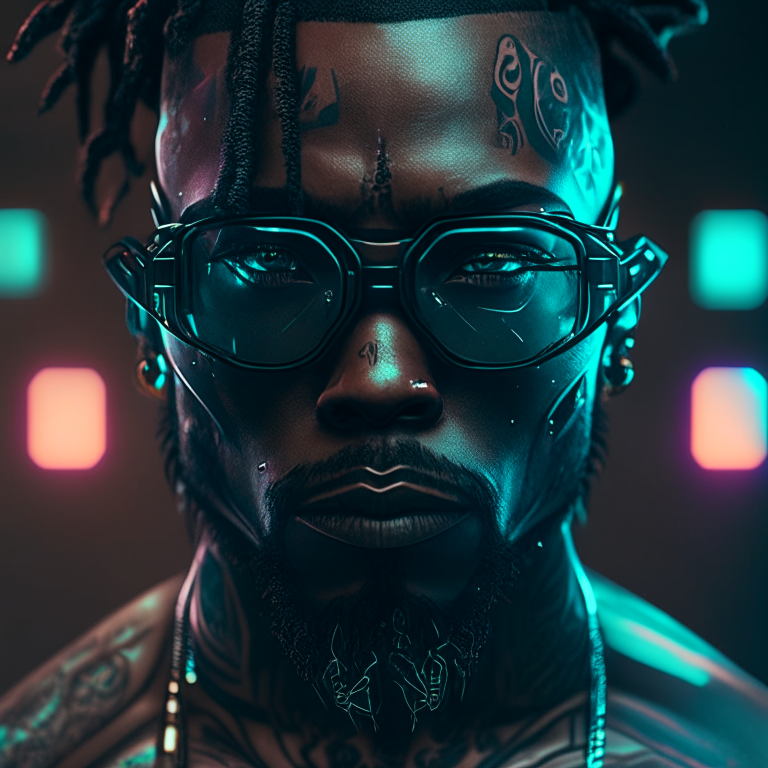 A  black man, with tattoos on his face and black glasses in a Cyberpunk cenario 4k