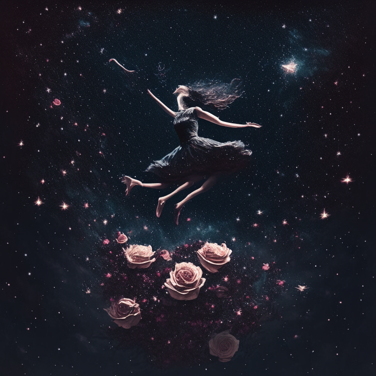 WOMAN LEVITATING ON ROSES TO A DARK DEEP SKY AMONG STARS