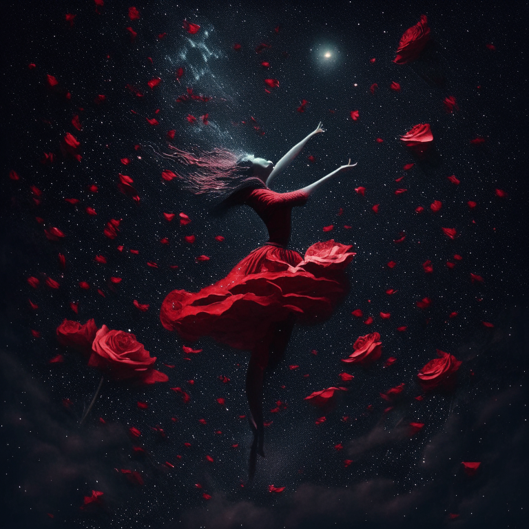 WOMAN LEVITATING ON RED PETAL ROSES TO A DARK DEEP SKY AMONG STARS