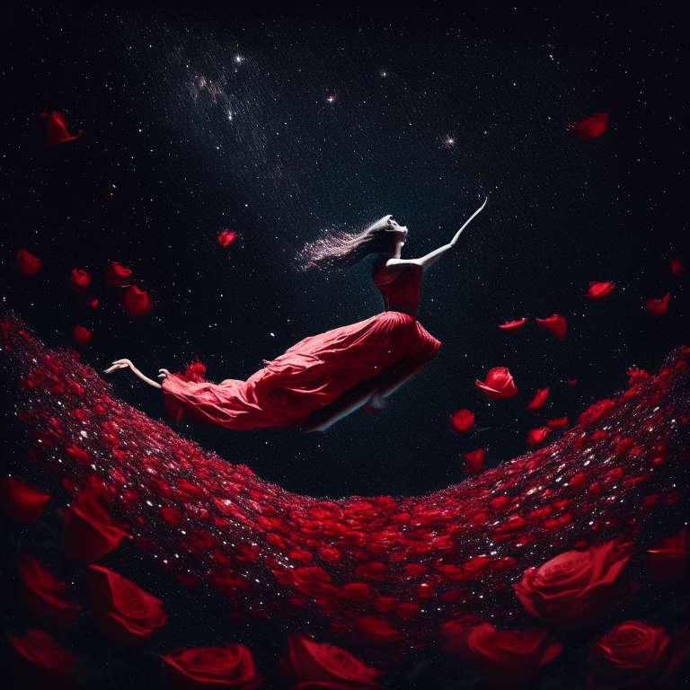 WOMAN LEVITATING ON RED PETAL ROSES  BED 
TO A DARK DEEP SKY AMONG STARS